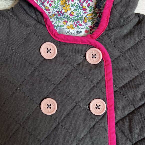 Baby Boden Hooded Jacket Size 0-3M Gray Quilted Floral Lined Button Front Coat - Picture 5 of 9
